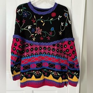 Casual Corner Limited Edition Vintage Hand Knit Allover Embroidered Sweater M